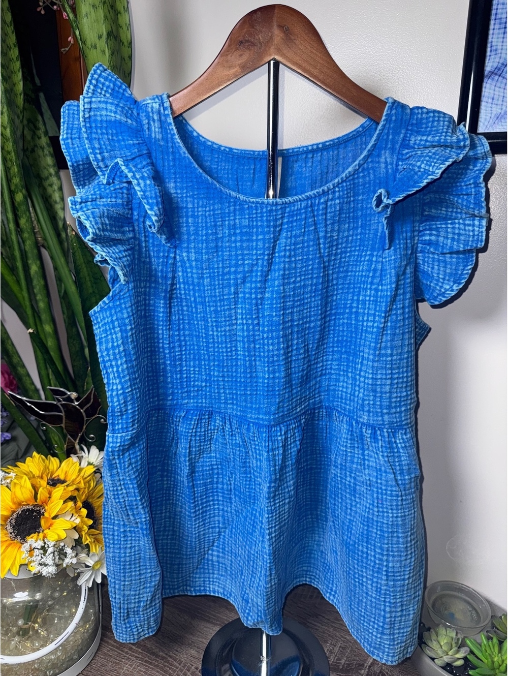 Zenana Gauze Acid Wash Ruffle Sleeve Top in Classic Blue